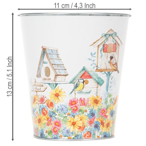 Prodotto Vaso in metallo decorato, fioriera con casette per uccelli, secchiello in latta H13cm Ø11.5cm
