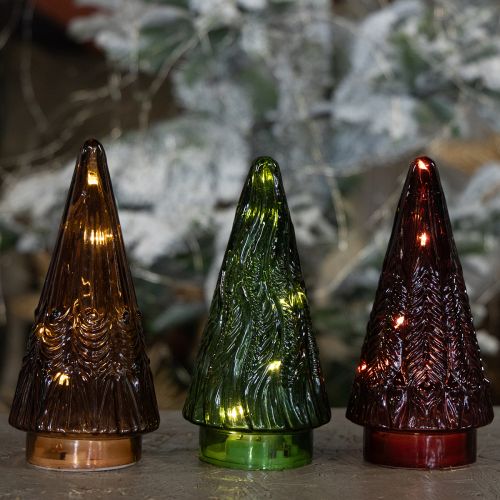 Prodotto Mini albero di Natale in vetro LED rosso verde marrone 18 cm 3 pezzi
