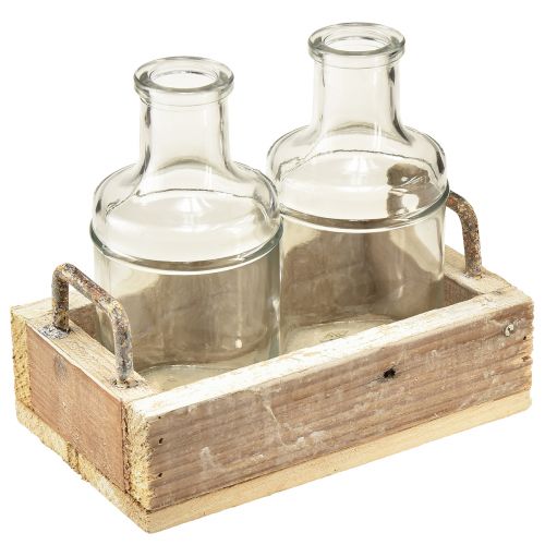 Prodotto Set mini vasi in vetro vassoio decorativo in legno vintage 16x10x14cm