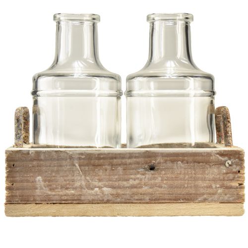 Prodotto Set mini vasi in vetro vassoio decorativo in legno vintage 16x10x14cm