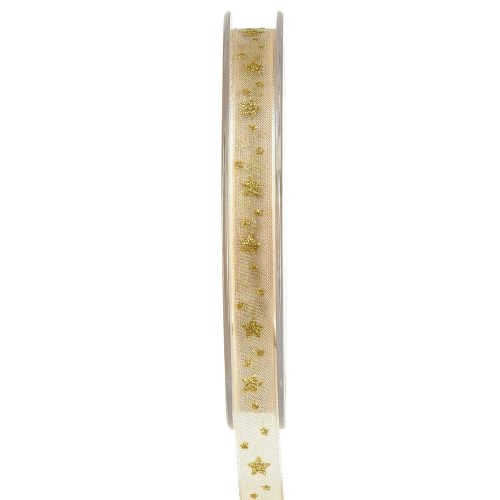 Prodotto Nastro di organza Nastro natalizio stelle beige oro L10mm L20m