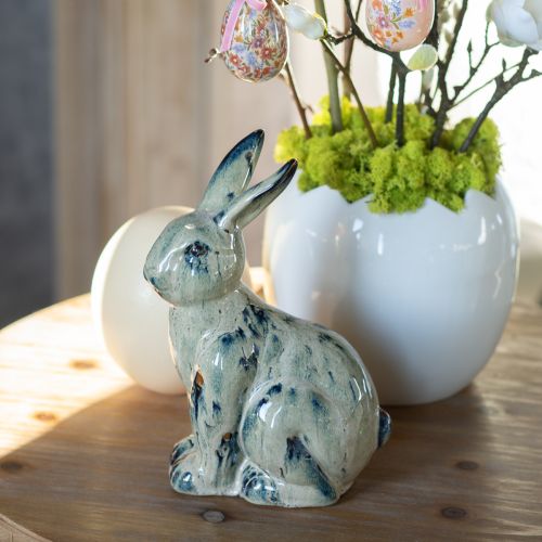 Coniglietto pasquale in ceramica beige blu smaltato 18x11x25,5cm