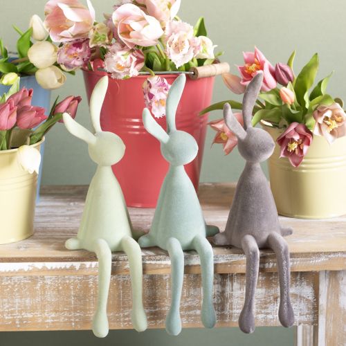 Decorazione coniglietto pasquale coniglio seduto floccato – 2a scelta – verde marrone 36 cm 3 pezzi