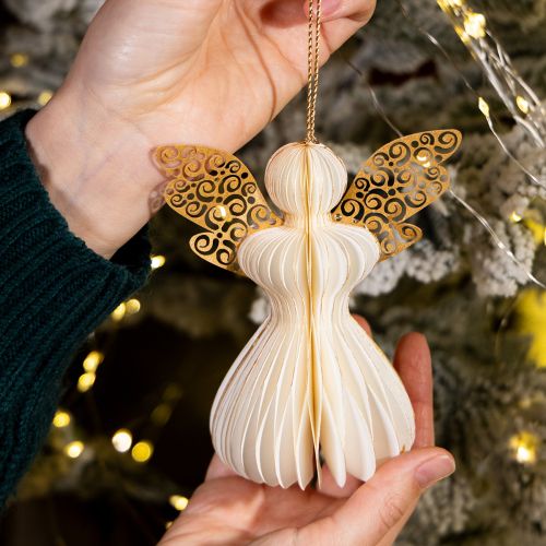 Prodotto Decorazioni per albero di Natale a forma di angelo in carta, pendenti a forma di angelo, bianco e oro, 12 cm, 4 pezzi