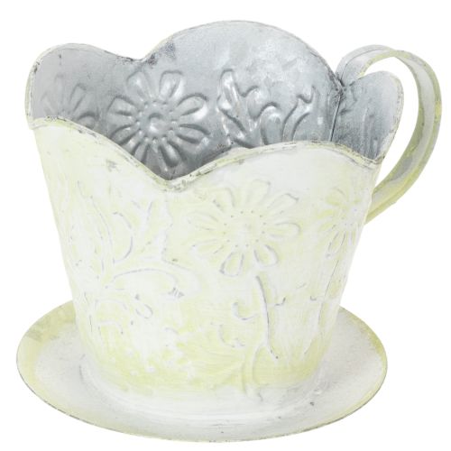 Floristik24 Vaso per piante, portafiltro da caffè decorativo, tazza in metallo per piantare, decorazione floreale verde e bianca, shabby chic, H11cm Ø11cm