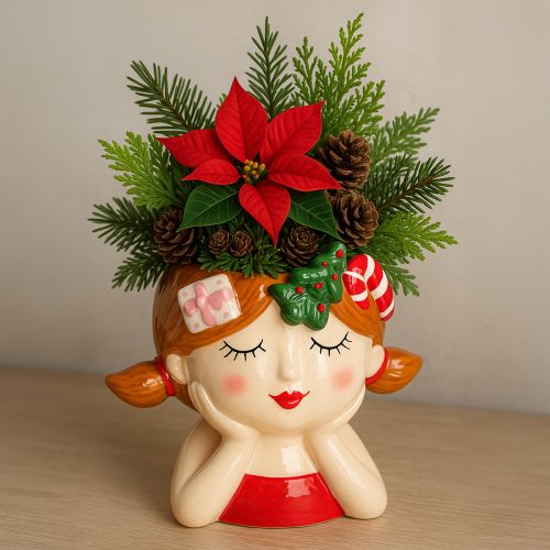 Prodotto Vaso decorativo in ceramica a forma di testa di pianta, altezza 17 cm, per Natale