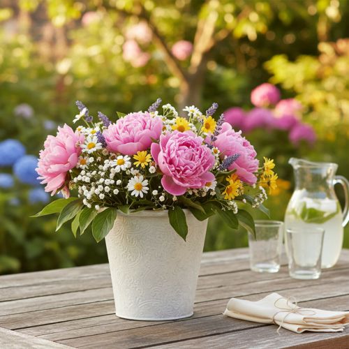 Prodotto Vaso per piante con ornamenti, contenitore in metallo, bianco, Ø15,5cm, H14,5cm