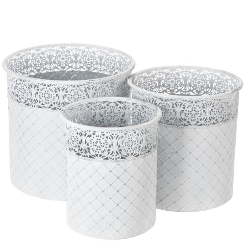 Floristik24 Vaso per piante con motivo a pizzo, contenitore in metallo, secchiello decorativo, bianco, argento, shabby chic, H28/25.5/23.5cm, Ø29.5/25.5/20cm, set da 3