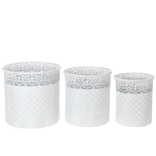 Prodotto Vaso per piante con motivo a pizzo, contenitore in metallo, secchiello decorativo, bianco, argento, shabby chic, H28/25.5/23.5cm, Ø29.5/25.5/20cm, set da 3