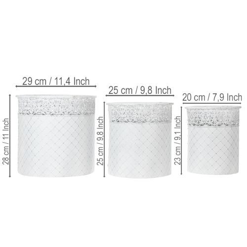 Prodotto Vaso per piante con motivo a pizzo, contenitore in metallo, secchiello decorativo, bianco, argento, shabby chic, H28/25.5/23.5cm, Ø29.5/25.5/20cm, set da 3