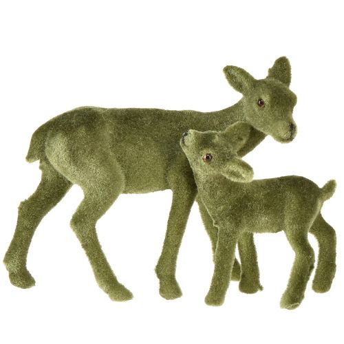 Floristik24 Figure decorative di cervo Cervo floccato verde natalizio con cerbiatto in un set H9/5,5 cm 4 pezzi