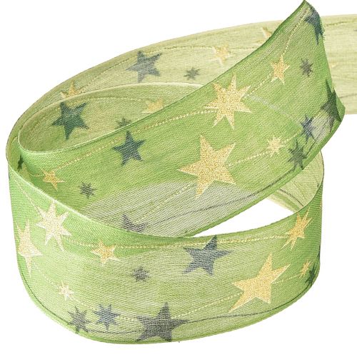 Floristik24 Nastro natalizio con stelle nastro regalo verde con bordo in filo 40mm 15m