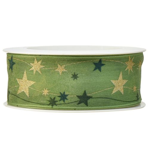 Floristik24 Nastro natalizio con stelle nastro regalo verde con bordo in filo 40mm 15m