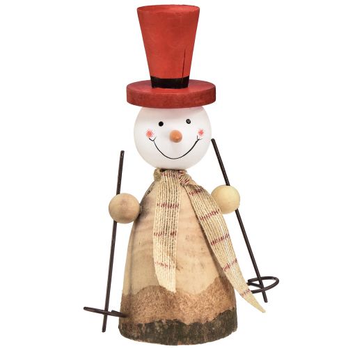 Prodotto Pupazzo di neve figura decorativa in legno con cappello rosso naturale H20,5 cm