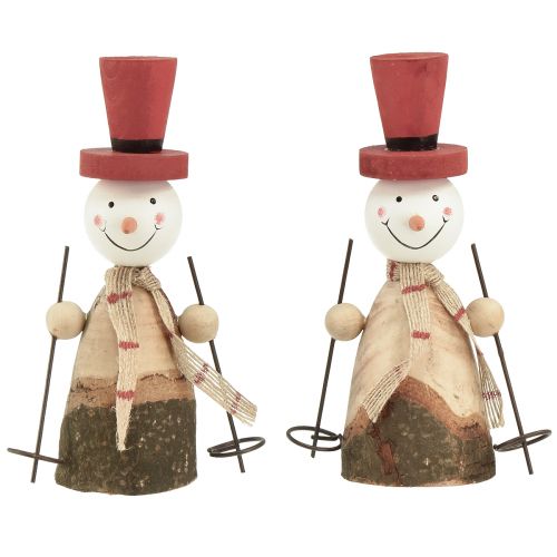 Prodotto Adorabile set di 2 pupazzi di neve in legno con cappelli a cilindro rossi - Decorazione da tavola invernale - Naturale e rosso, 15,5 cm 2 pezzi