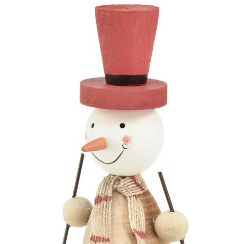 Prodotto Adorabile set di 2 pupazzi di neve in legno con cappelli a cilindro rossi - Decorazione da tavola invernale - Naturale e rosso, 15,5 cm 2 pezzi