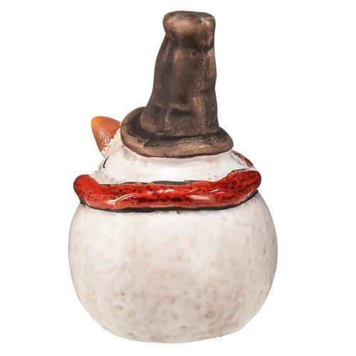 Prodotto Pupazzo di neve in ceramica 8,5 cm con cappello a cilindro e sciarpa rossa - Decorazione natalizia e invernale - 3 pz