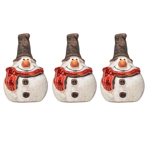 Prodotto Pupazzo di neve in ceramica 8,5 cm con cappello a cilindro e sciarpa rossa - Decorazione natalizia e invernale - 3 pz