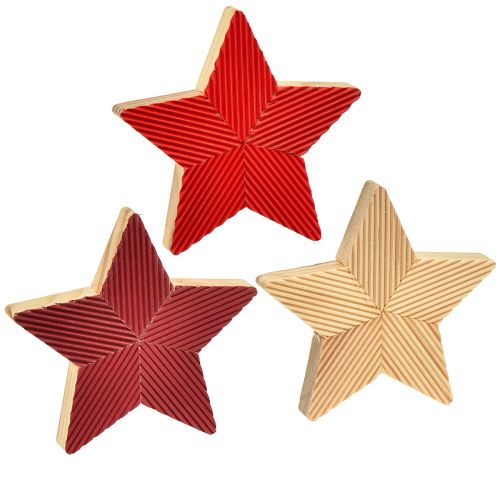 Stelle di Natale in legno scanalate rosse naturali 11 cm 3 pz