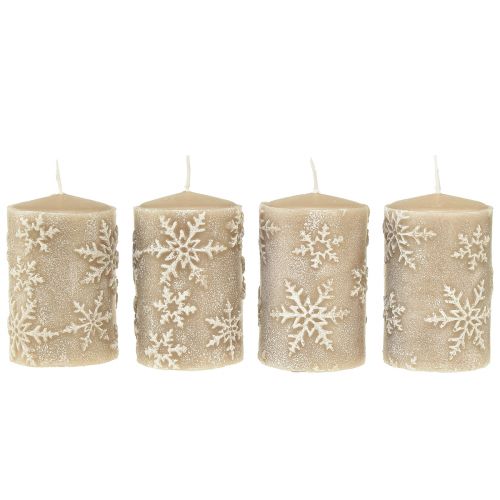 Floristik24 Candele a colonna candele beige fiocchi di neve 100/65mm 4 pz