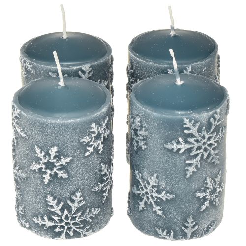 Floristik24 Candele a colonna candele blu fiocchi di neve 100/65mm 4 pz