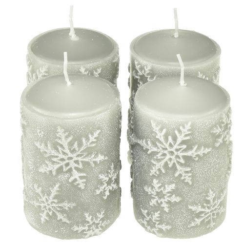 Floristik24 Candele a colonna candele grigie fiocchi di neve 100/65mm 4 pz