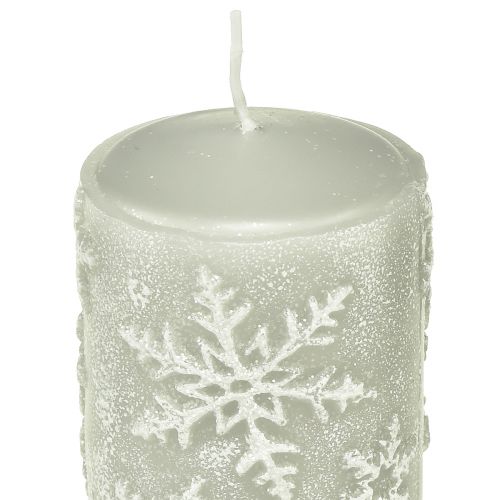 Floristik24 Candele a colonna candele grigie fiocchi di neve 100/65mm 4 pz