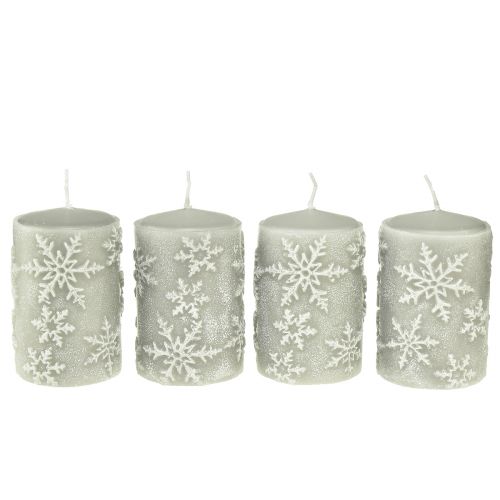 Floristik24 Candele a colonna candele grigie fiocchi di neve 100/65mm 4 pz