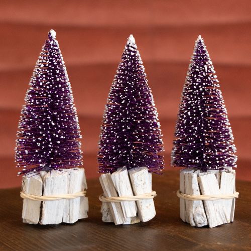 Prodotto Albero di Natale decorativo viola con punta innevata su base rustica in legno da 15 cm, 3 pezzi.