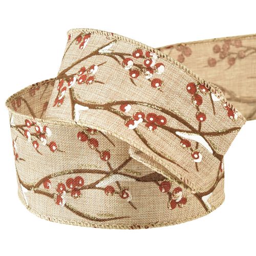 Floristik24 Nastro natalizio invernale bacche di sorbo rosso bianco L50mm L10m