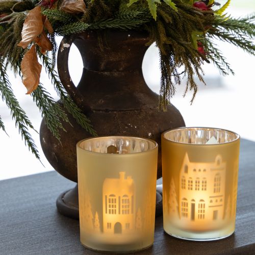 Prodotto Lanterna in vetro argento oro silhouette città H12,5cm 4 pezzi