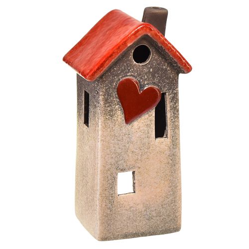 Floristik24 Lanterna per casa in ceramica con tetto rosso e finestra a cuore - 17,5 cm 2 pz