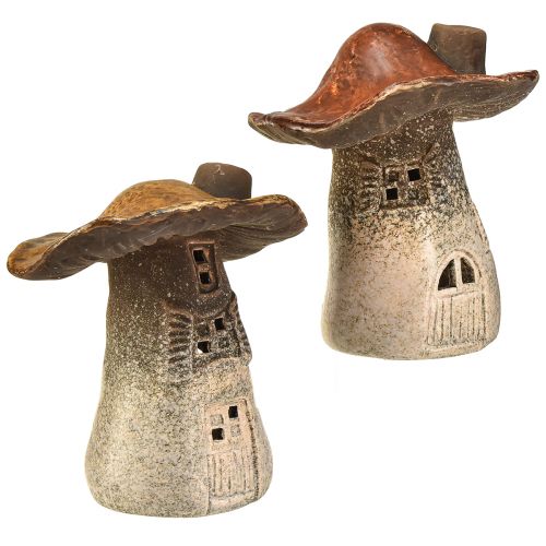 Floristik24 Lanterne per la casa dei funghi magici - Ceramica rustica, marrone, 14,5 cm - Decorazione luminosa unica, confezione da 2