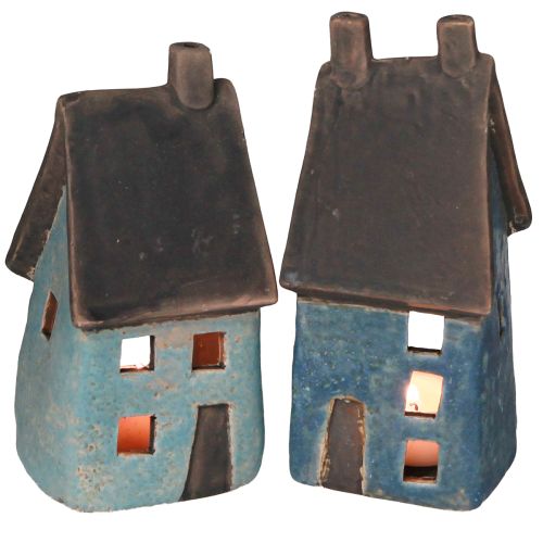 Floristik24 Lanterna casa in ceramica blu marrone H15,5/17,5 cm 2 pz