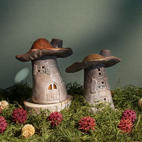Lanterne per la casa dei funghi magici - Ceramica rustica, marrone, 14,5 cm - Decorazione luminosa unica, confezione da 2