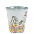 Floristik24 Vaso in metallo con motivo, fioriera con casette per uccelli, secchio di latta H13cm Ø11,5cm