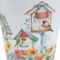 Floristik24 Vaso in metallo con motivo, fioriera con casette per uccelli, secchio di latta H13cm Ø11,5cm