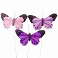 Floristik24 Farfalla decorativa su filo Farfalle di piume viola/rosa 9,5cm 12pz