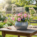 Annaffiatoio decorativo in metallo, stile country vintage, decorazione da giardino, per piante, rame argentato, L41cm Ø26cm H30cm | Floristik24.it