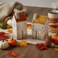 Decorazione in ceramica a forma di casetta con camino, portacandele, autunno e inverno, 13 cm, 2 pezzi | Floristik24.it