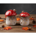 Casa a forma di fungo, faro, statuetta decorativa in amanita muscaria con camino, 10 cm, 2 pezzi | Floristik24.it