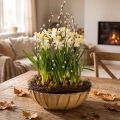 Floristik24 Fioriera rotonda, decorazione floreale, ciotola di plastica, contenitore per composizioni floreali, verde, bianco screziato, H8,5cm, Ø30cm