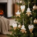Decorazioni natalizie, stella, albero e cuore in legno, 6 pezzi, ciondoli decorativi bianchi e oro | Floristik24.it