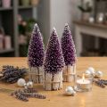 Albero di Natale decorativo viola con punta innevata su base rustica in legno da 15 cm, 3 pezzi. | Floristik24.it