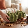 Decorazione a forma di zucca floccata, 20 cm, zucca verde, effetto velluto, 2 pezzi | Floristik24.it