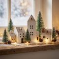 Mini Villaggio Natalizio Decorazione in Legno Bianco Naturale H13/7cm 6 pz | Floristik24.it