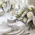 Lussuoso nastro di seta argentata con elegante disegno di piume, ideale per matrimoni e occasioni festive. Larghezza 25 mm, lunghezza 15 m | Floristik24.it