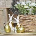 Floristik24 Coniglietto pasquale bianco-dorato, decorazione pasquale, coniglietto decorativo con uovo H16/18cm set di 2