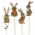 Floristik24 Decorazioni pasquali coniglietto con bastone legno assortito natura H8,5cm 16 pezzi