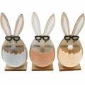 Floristik24 Coniglio di legno in un uovo, decorazione primaverile, conigli con occhiali, coniglietti pasquali 3pz